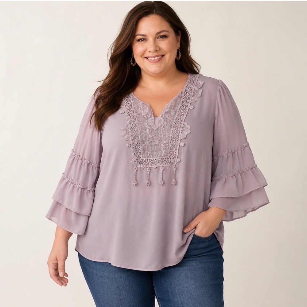 Bedford Fair Mauve Crochet Lace Ruffle Sleeve Blouse Camisole‎ 1X Boho Rose 2 pc